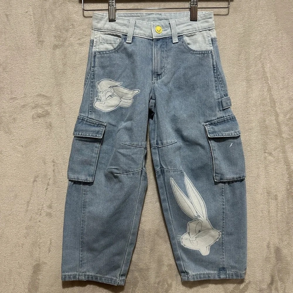 Justice Looney Tunes‎ Barrel Jeans Youth Size 6 Light Wash Cargo Denim